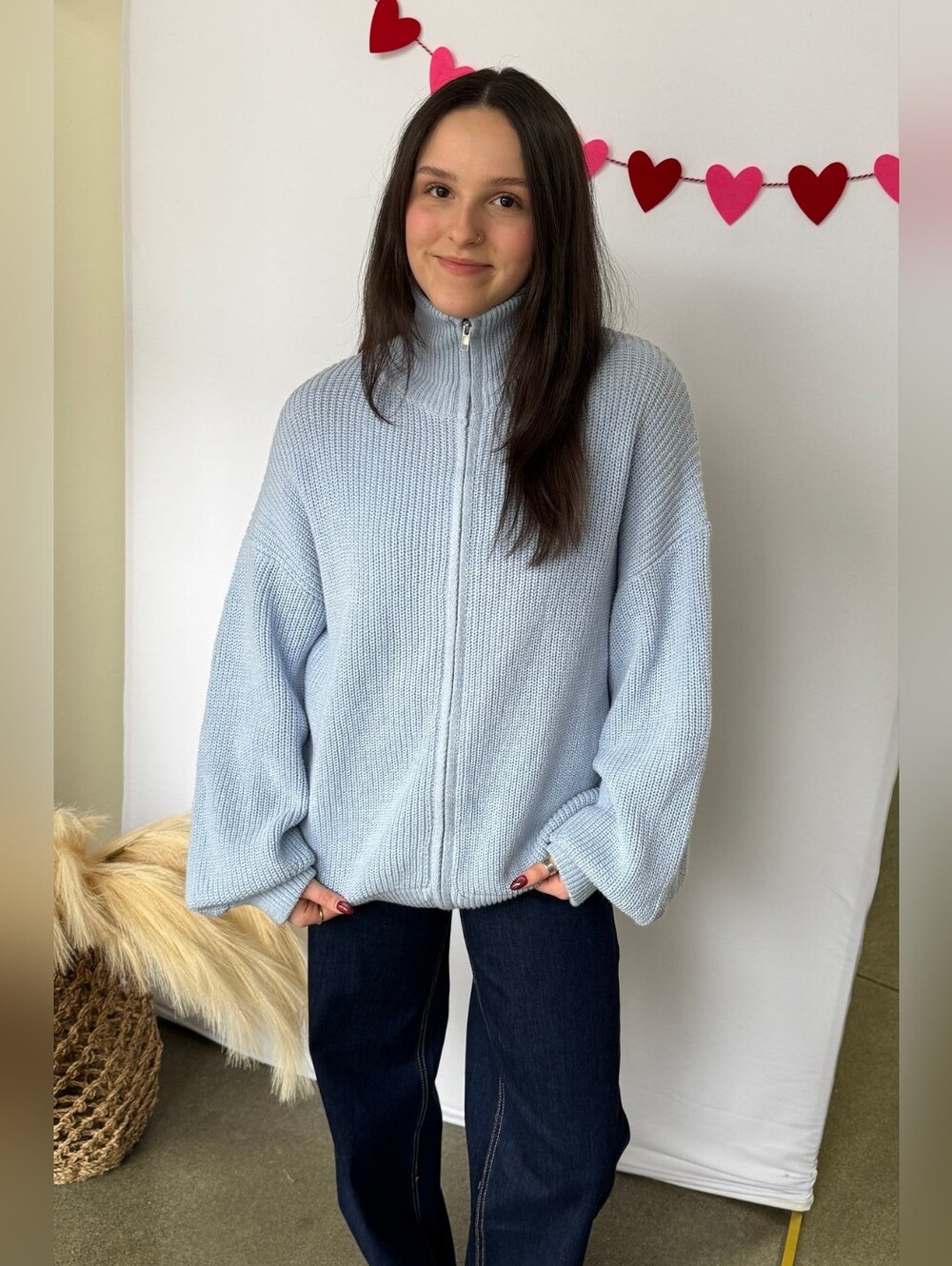 Le Lis Oversized Light Blue Knit Chunky Full Zip Up Cardigan M